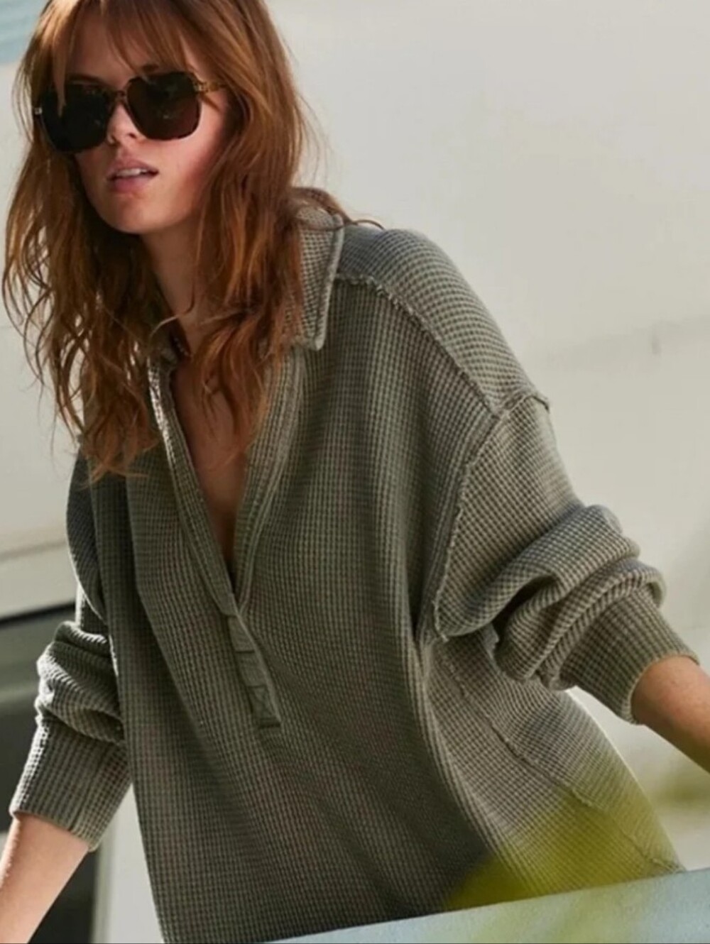 AERIE Lumberjane Waffle Polo Sweatshirt Olive, size XXL